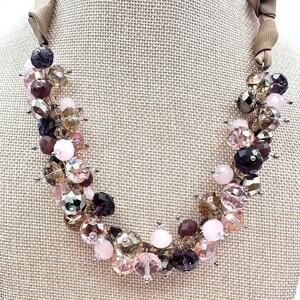 Vintage 90s Ali Khan New York Ribbon Strap Cluster Beaded Necklace Jewelry Boho